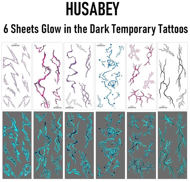 Alt view image 2 of 6 - 6 Sheets Halloween Temporary Tattoos Glow in the Dark Blood Vessel Lightning Shaped Fake Tattoos Luminous Scary Tattoo Stickers for Halloween Cosplay Makeup Face Body Decoration