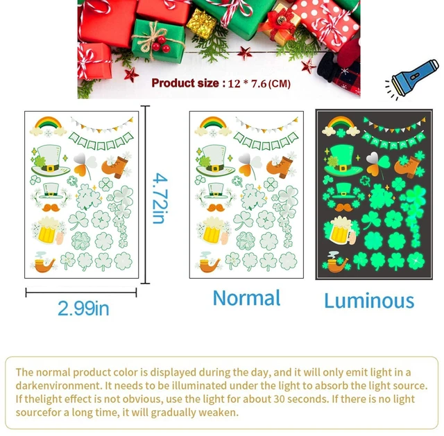 Alt view image 6 of 7 - St Patricks Day luminous Temporary Tattoos, 145pcs Irish Festival Glow in The Dark Tattoos, St Patrick's Day Stickers Decorations, Green Shamrock Clover Hat Kiss Me Irish Decor Favors Parade Supplies