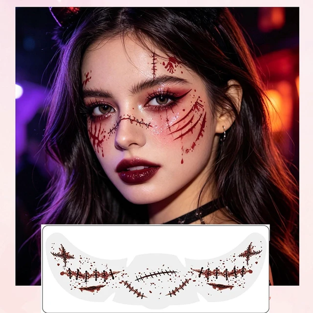 Alt view image 2 of 6 - Glow Dark Halloween Face Tattoos 6 Sheets Scary Freckle Stickers
