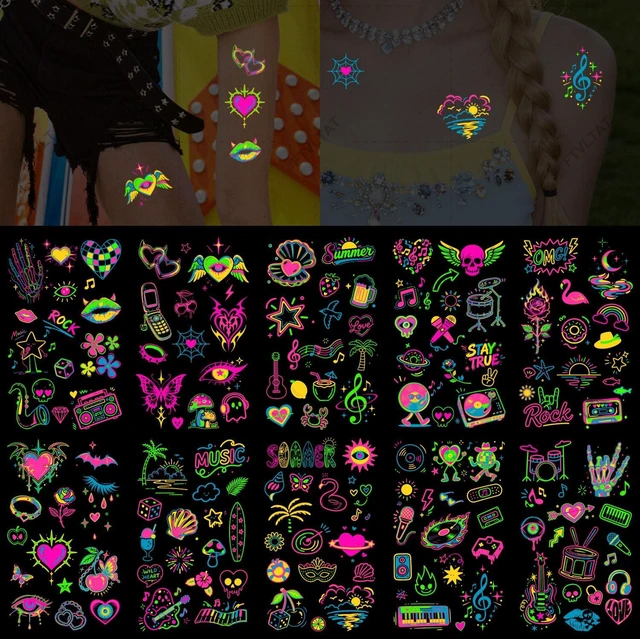 Main image of UV Neon Glow Temporary Tattoos - 10 Sheets 130+ Designs Fluorescent Black Light Body Art, Waterproof Rave Festival Accessories for Music Festival Nightclub Party 3.78" x 2.24"