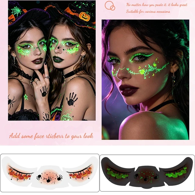 Alt view image 3 of 6 - Glow Dark Halloween Face Tattoos 6 Sheets Scary Freckle Stickers