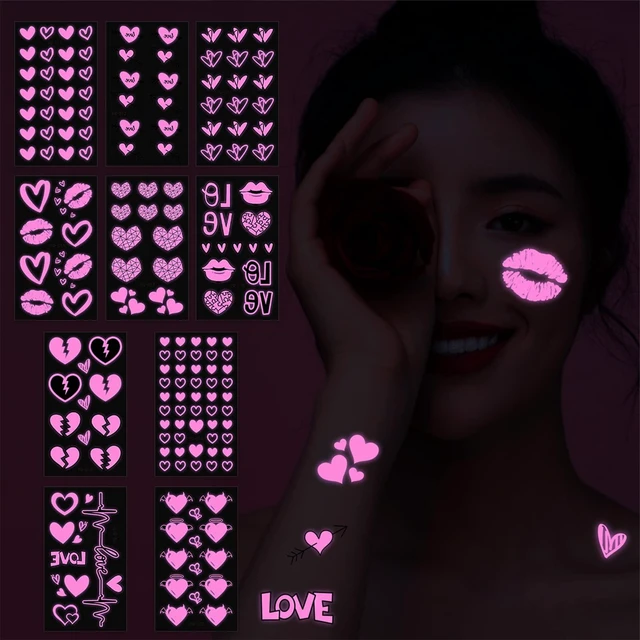 Main image of UV Neon Temporary Tattoos 170 Pieces Pink Heart Shaped Shimmer Designs Love Glow In The Dark Tattoos Stickers Flash Fake Waterproof Tattoos for Women Men Body Face Art