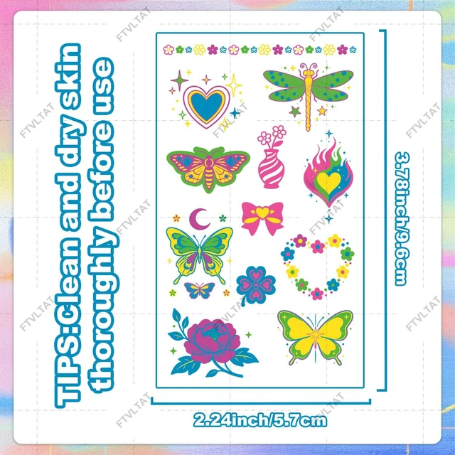 Alt view image 2 of 6 - UV Neon Glow Temporary Tattoos - 10 Sheets 130+ Designs Fluorescent Black Light Body Art, Waterproof Rave Festival Accessories for Music Festival Nightclub Party 3.78" x 2.24"