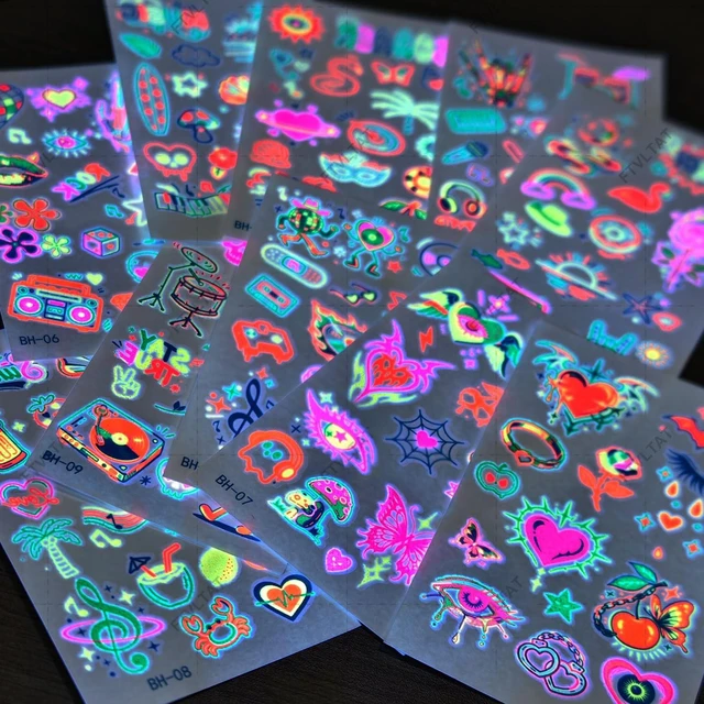 Alt view image 3 of 6 - UV Neon Glow Temporary Tattoos - 10 Sheets 130+ Designs Fluorescent Black Light Body Art, Waterproof Rave Festival Accessories for Music Festival Nightclub Party 3.78" x 2.24"