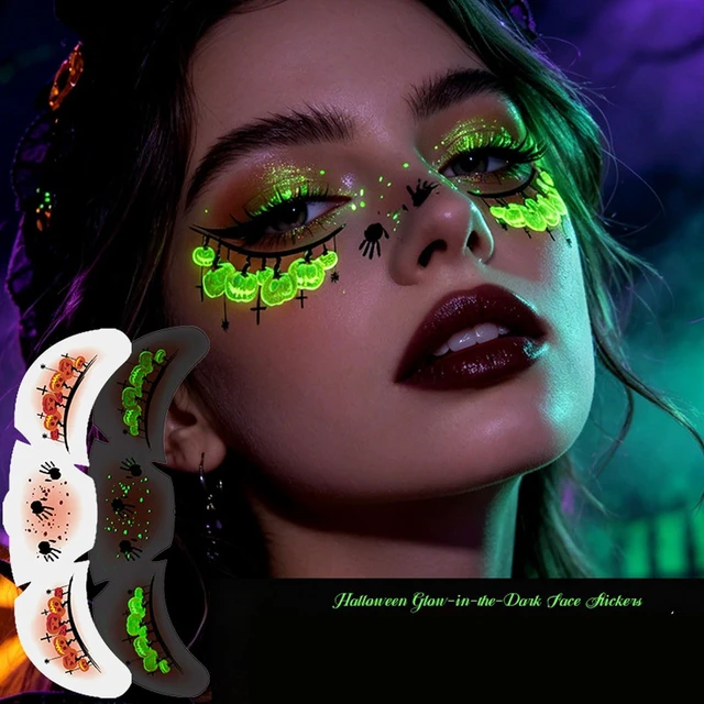 Alt view image 4 of 6 - Glow Dark Halloween Face Tattoos 6 Sheets Scary Freckle Stickers