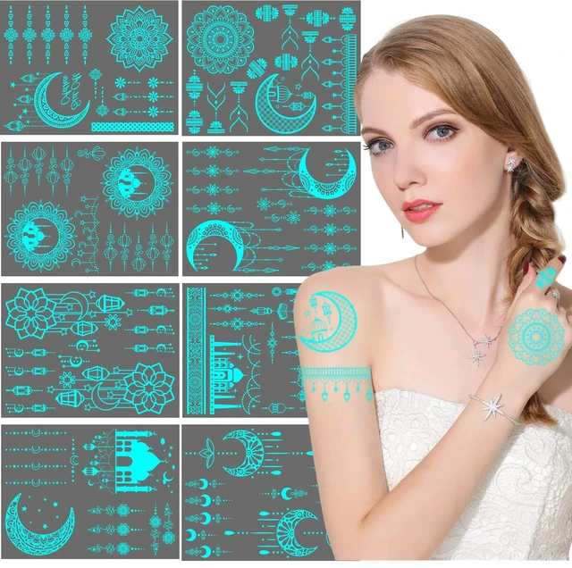 Main image of 8 Sheets Blue Luminous Temporary Tattoos Waterproof Glow In The Dark Lace Tattoo Stickers for Women Girls Party Halloween Masquerade Music Festival DIY Face Arms Accessories
