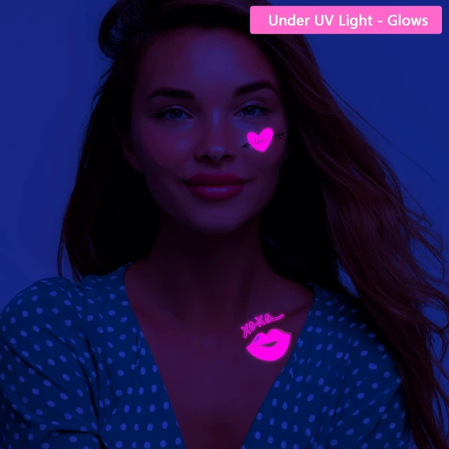 Alt view image 3 of 7 - UV Neon Temporary Tattoos 170 Pieces Pink Heart Shaped Shimmer Designs Love Glow In The Dark Tattoos Stickers Flash Fake Waterproof Tattoos for Women Men Body Face Art