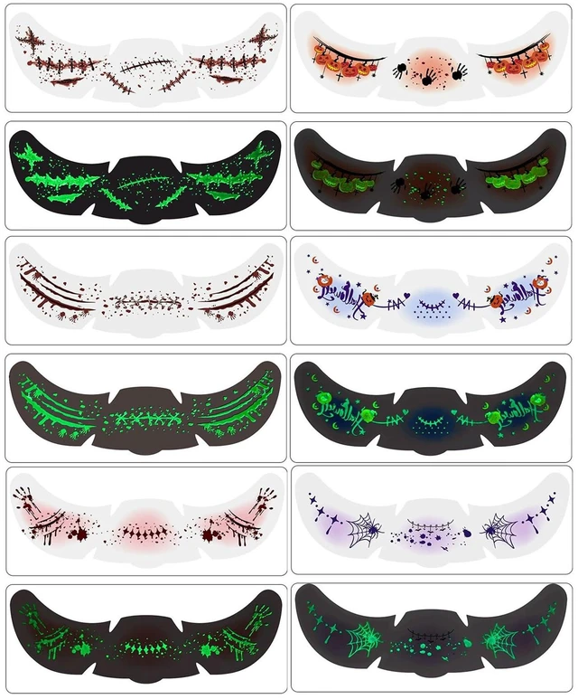 Alt view image 5 of 6 - Glow Dark Halloween Face Tattoos 6 Sheets Scary Freckle Stickers