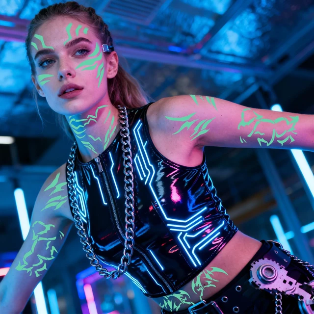 Alt view image 2 of 7 - Glow in the Dark Tattoo Movie Cosplay Costume Accessories For Halloween Party - 12 Sheets Full Body Temporary Tattoos Stickers for Adult Teen Rave Stage Makeup Decoration(Luminous)