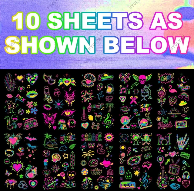 Alt view image 4 of 6 - UV Neon Glow Temporary Tattoos - 10 Sheets 130+ Designs Fluorescent Black Light Body Art, Waterproof Rave Festival Accessories for Music Festival Nightclub Party 3.78" x 2.24"