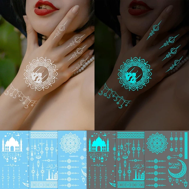 Alt view image 2 of 7 - 8 Sheets Blue Luminous Temporary Tattoos Waterproof Glow In The Dark Lace Tattoo Stickers for Women Girls Party Halloween Masquerade Music Festival DIY Face Arms Accessories