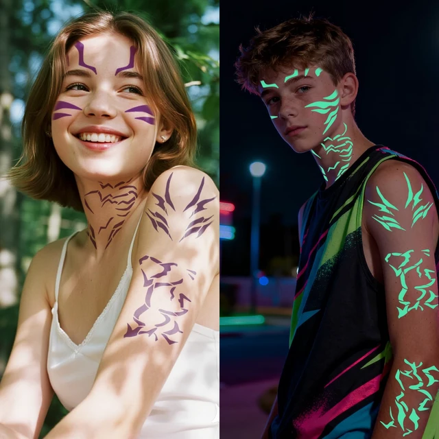 Alt view image 3 of 7 - Glow in the Dark Tattoo Movie Cosplay Costume Accessories For Halloween Party - 12 Sheets Full Body Temporary Tattoos Stickers for Adult Teen Rave Stage Makeup Decoration(Luminous)