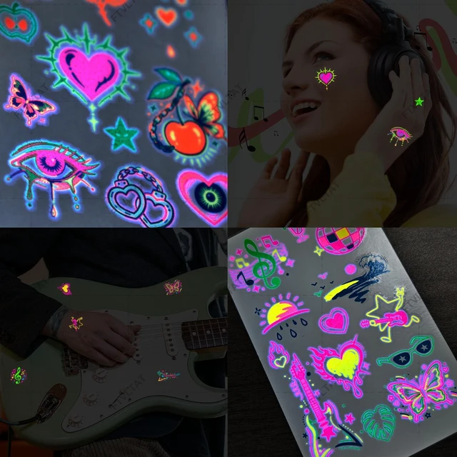 Alt view image 5 of 6 - UV Neon Glow Temporary Tattoos - 10 Sheets 130+ Designs Fluorescent Black Light Body Art, Waterproof Rave Festival Accessories for Music Festival Nightclub Party 3.78" x 2.24"