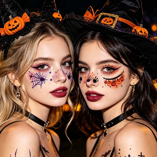 Alt view image 6 of 6 - Glow Dark Halloween Face Tattoos 6 Sheets Scary Freckle Stickers