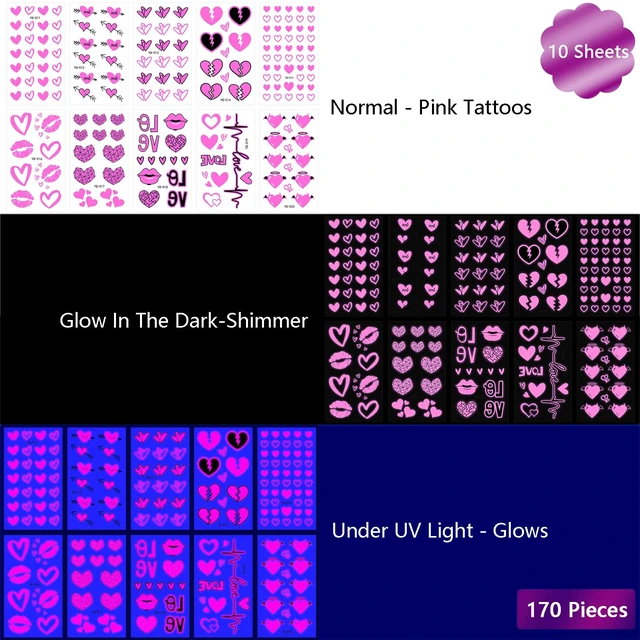 Alt view image 5 of 7 - UV Neon Temporary Tattoos 170 Pieces Pink Heart Shaped Shimmer Designs Love Glow In The Dark Tattoos Stickers Flash Fake Waterproof Tattoos for Women Men Body Face Art