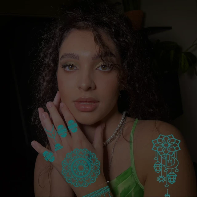 Alt view image 3 of 7 - 8 Sheets Blue Luminous Temporary Tattoos Waterproof Glow In The Dark Lace Tattoo Stickers for Women Girls Party Halloween Masquerade Music Festival DIY Face Arms Accessories