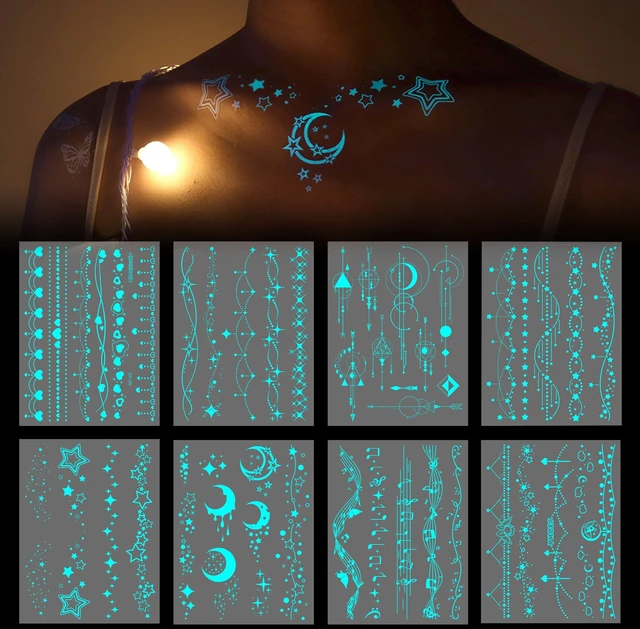 Main image of Blue Luminous Temporary Tattoos Glow in the Dark Music Festival Moon Tattoos Waterproof Planet Star Fake Tattoo Sticker for Women Men Face Body Arm Party Cute Skin Tattoo Decorations