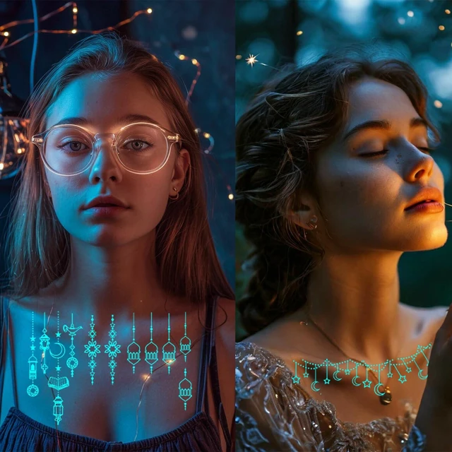 Alt view image 4 of 7 - 8 Sheets Blue Luminous Temporary Tattoos Waterproof Glow In The Dark Lace Tattoo Stickers for Women Girls Party Halloween Masquerade Music Festival DIY Face Arms Accessories