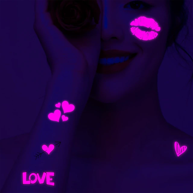 Alt view image 7 of 7 - UV Neon Temporary Tattoos 170 Pieces Pink Heart Shaped Shimmer Designs Love Glow In The Dark Tattoos Stickers Flash Fake Waterproof Tattoos for Women Men Body Face Art