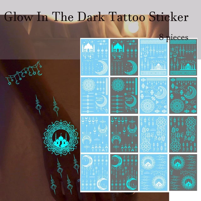 Alt view image 5 of 7 - 8 Sheets Blue Luminous Temporary Tattoos Waterproof Glow In The Dark Lace Tattoo Stickers for Women Girls Party Halloween Masquerade Music Festival DIY Face Arms Accessories