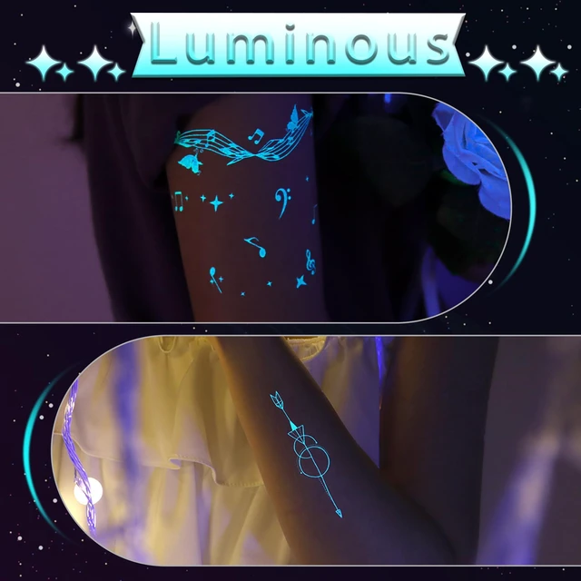 Alt view image 3 of 7 - Blue Luminous Temporary Tattoos Glow in the Dark Music Festival Moon Tattoos Waterproof Planet Star Fake Tattoo Sticker for Women Men Face Body Arm Party Cute Skin Tattoo Decorations