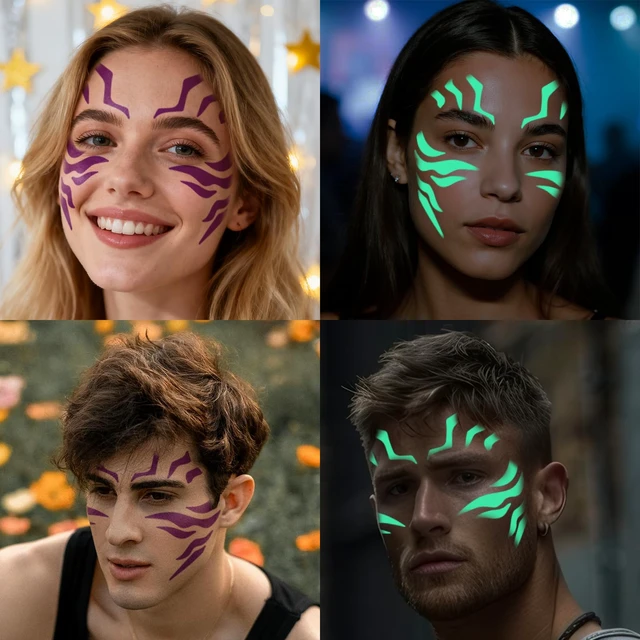 Alt view image 4 of 7 - Glow in the Dark Tattoo Movie Cosplay Costume Accessories For Halloween Party - 12 Sheets Full Body Temporary Tattoos Stickers for Adult Teen Rave Stage Makeup Decoration(Luminous)