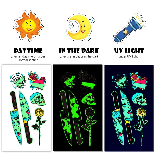 Alt view image 3 of 7 - Glow in the Dark Tattoos, ACSAUMMY 12 Sheet Neon Tattoo Makeup Fake Tattoos Rave Festival Accessory Temporary Tattoo for Women Men Face Arm Body Blacklight Butterfly Tattoo Adult Party Supplies