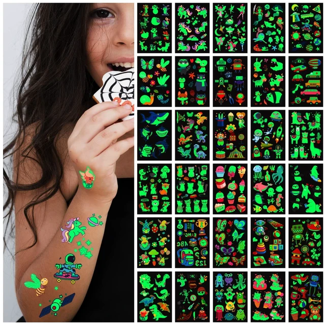 Main image of 400Pcs Luminous Tattoos For Kids,Mixed Styles Temporary Tattoo Stickers,Glow In The Dark Tattoos for Boys and Girls,Mermaid Dinosaur Butterfly Fake Tattoo or more party makeup gifts 30 Sheets