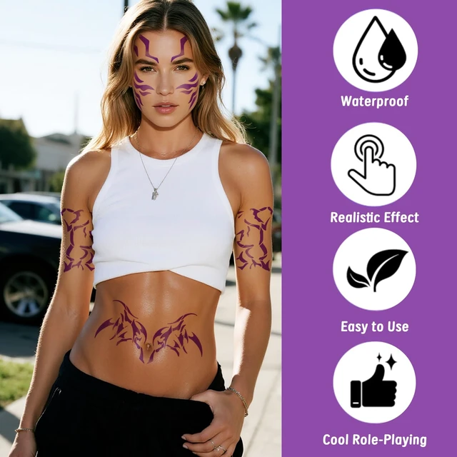 Alt view image 6 of 7 - Glow in the Dark Tattoo Movie Cosplay Costume Accessories For Halloween Party - 12 Sheets Full Body Temporary Tattoos Stickers for Adult Teen Rave Stage Makeup Decoration(Luminous)