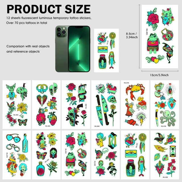 Alt view image 4 of 7 - Glow in the Dark Tattoos, ACSAUMMY 12 Sheet Neon Tattoo Makeup Fake Tattoos Rave Festival Accessory Temporary Tattoo for Women Men Face Arm Body Blacklight Butterfly Tattoo Adult Party Supplies