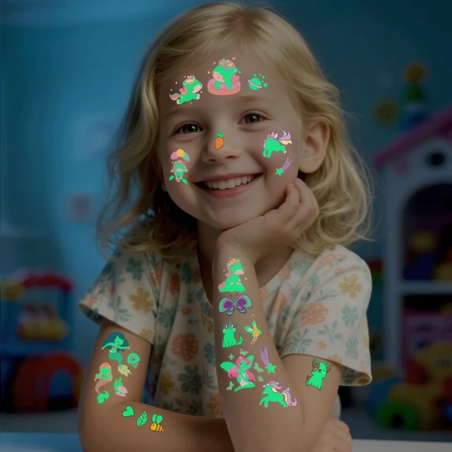 Alt view image 2 of 6 - 400Pcs Luminous Tattoos For Kids,Mixed Styles Temporary Tattoo Stickers,Glow In The Dark Tattoos for Boys and Girls,Mermaid Dinosaur Butterfly Fake Tattoo or more party makeup gifts 30 Sheets