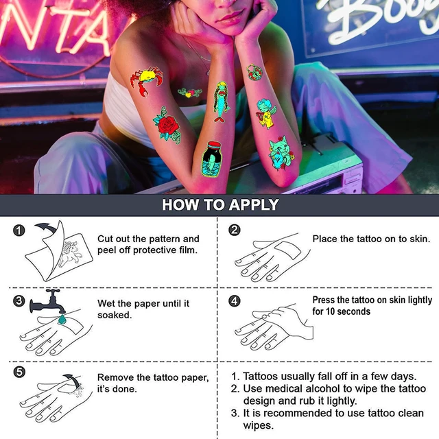 Alt view image 5 of 7 - Glow in the Dark Tattoos, ACSAUMMY 12 Sheet Neon Tattoo Makeup Fake Tattoos Rave Festival Accessory Temporary Tattoo for Women Men Face Arm Body Blacklight Butterfly Tattoo Adult Party Supplies