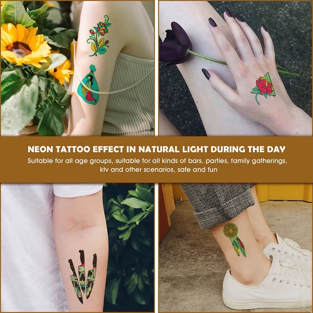 Alt view image 6 of 7 - Glow in the Dark Tattoos, ACSAUMMY 12 Sheet Neon Tattoo Makeup Fake Tattoos Rave Festival Accessory Temporary Tattoo for Women Men Face Arm Body Blacklight Butterfly Tattoo Adult Party Supplies
