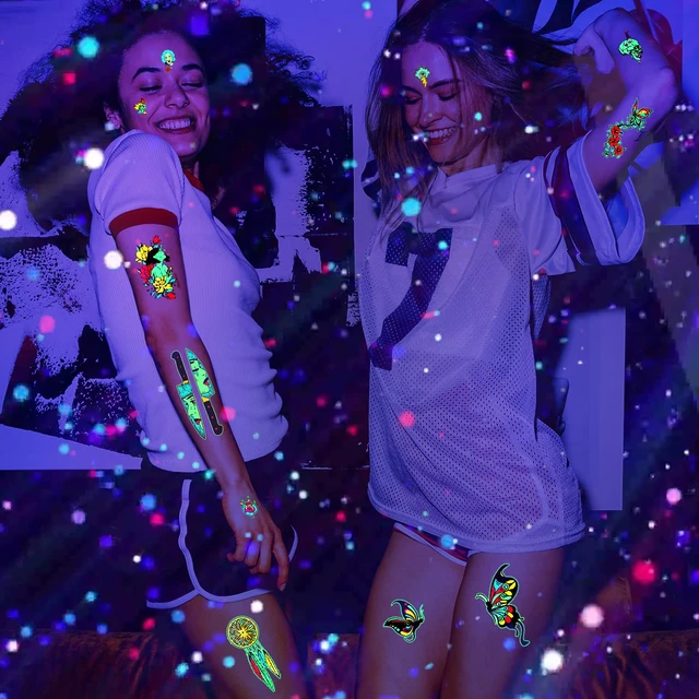 Alt view image 7 of 7 - Glow in the Dark Tattoos, ACSAUMMY 12 Sheet Neon Tattoo Makeup Fake Tattoos Rave Festival Accessory Temporary Tattoo for Women Men Face Arm Body Blacklight Butterfly Tattoo Adult Party Supplies
