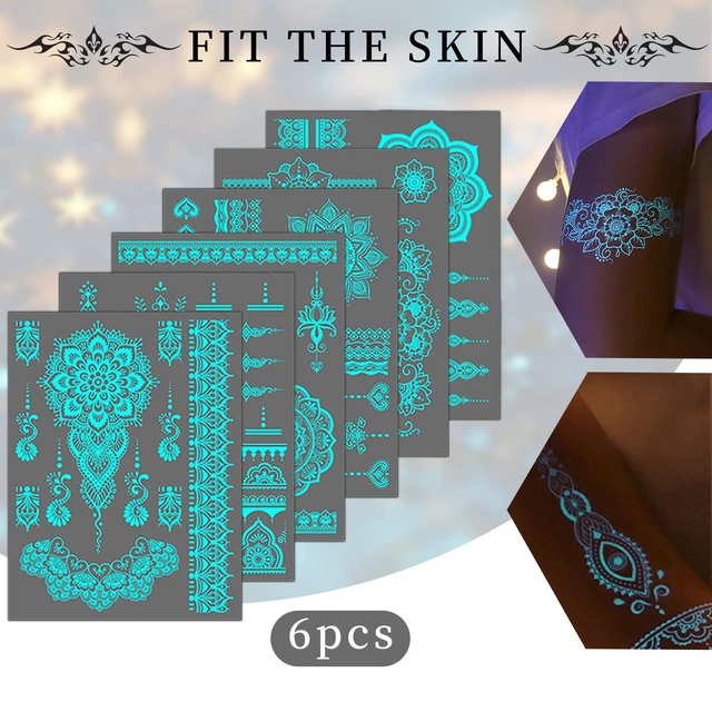 Alt view image 2 of 7 - Blue Luminous Temporary Tattoo Stickers Lace Luminous Tattoo Sticker Lotus Flower Glow In The Dark Tattoo Art Sticker for Girl Women Wedding Party Arm Body Accessories 6sheets