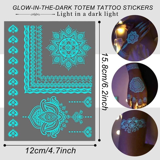 Alt view image 3 of 7 - Blue Luminous Temporary Tattoo Stickers Lace Luminous Tattoo Sticker Lotus Flower Glow In The Dark Tattoo Art Sticker for Girl Women Wedding Party Arm Body Accessories 6sheets