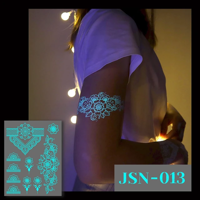 Alt view image 4 of 7 - Blue Luminous Temporary Tattoo Stickers Lace Luminous Tattoo Sticker Lotus Flower Glow In The Dark Tattoo Art Sticker for Girl Women Wedding Party Arm Body Accessories 6sheets
