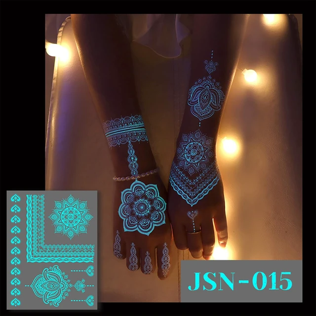 Alt view image 5 of 7 - Blue Luminous Temporary Tattoo Stickers Lace Luminous Tattoo Sticker Lotus Flower Glow In The Dark Tattoo Art Sticker for Girl Women Wedding Party Arm Body Accessories 6sheets