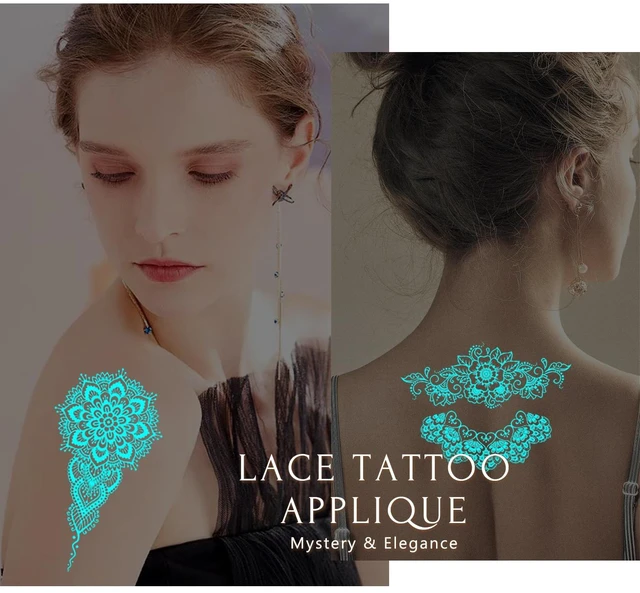 Alt view image 6 of 7 - Blue Luminous Temporary Tattoo Stickers Lace Luminous Tattoo Sticker Lotus Flower Glow In The Dark Tattoo Art Sticker for Girl Women Wedding Party Arm Body Accessories 6sheets