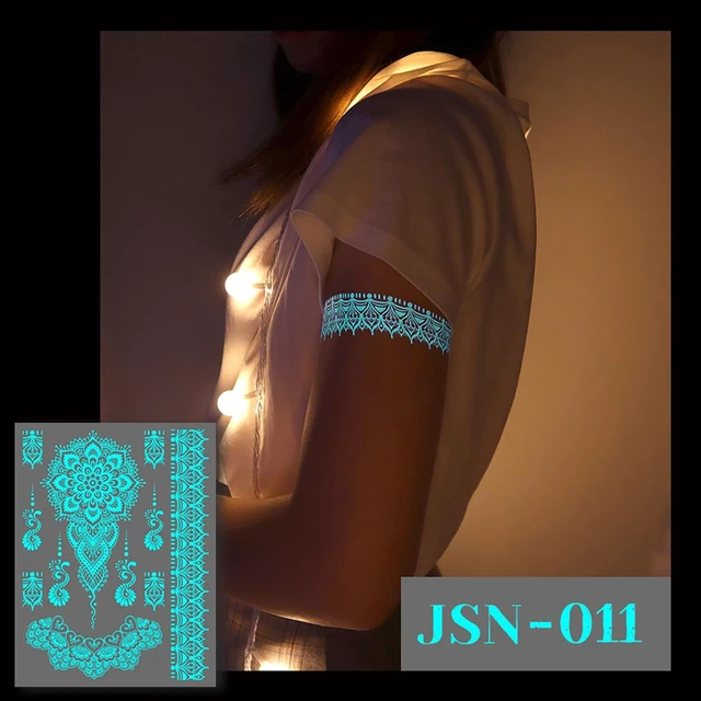 Alt view image 7 of 7 - Blue Luminous Temporary Tattoo Stickers Lace Luminous Tattoo Sticker Lotus Flower Glow In The Dark Tattoo Art Sticker for Girl Women Wedding Party Arm Body Accessories 6sheets