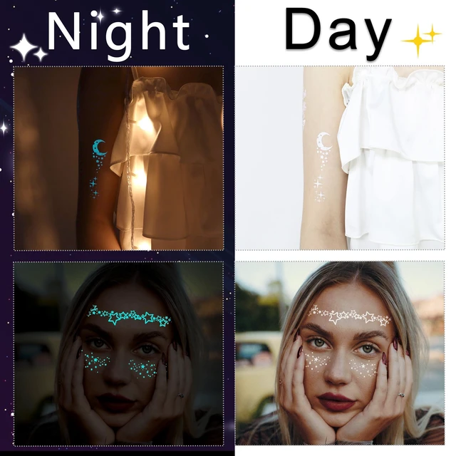 Alt view image 4 of 7 - Blue Luminous Temporary Tattoos Glow in the Dark Music Festival Moon Tattoos Waterproof Planet Star Fake Tattoo Sticker for Women Men Face Body Arm Party Cute Skin Tattoo Decorations