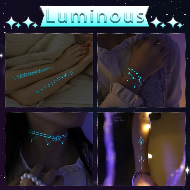 Alt view image 5 of 7 - Blue Luminous Temporary Tattoos Glow in the Dark Music Festival Moon Tattoos Waterproof Planet Star Fake Tattoo Sticker for Women Men Face Body Arm Party Cute Skin Tattoo Decorations