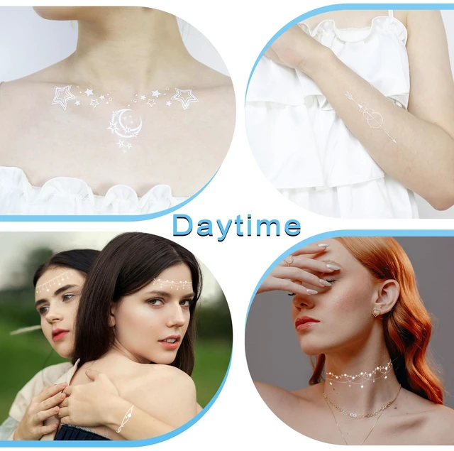 Alt view image 7 of 7 - Blue Luminous Temporary Tattoos Glow in the Dark Music Festival Moon Tattoos Waterproof Planet Star Fake Tattoo Sticker for Women Men Face Body Arm Party Cute Skin Tattoo Decorations