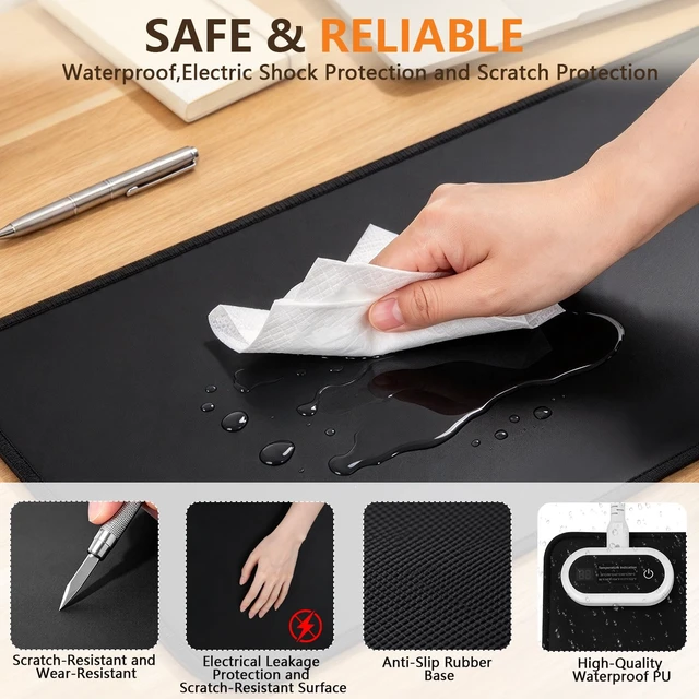 Alt view image 5 of 7 - Elzo Large Heated Desk Pad, 31.5 x 13 in Heated Mouse Pad & Desk Mat, Black