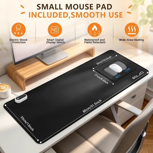 Alt view image 6 of 7 - Elzo Large Heated Desk Pad, 31.5 x 13 in Heated Mouse Pad & Desk Mat, Black