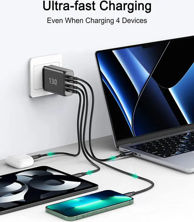 Alt view image 4 of 7 - 130W USB C GaN Wall Charger 4 Port PD 100W PPS 45W Super Fast Charging Station Type-C Laptop QC Power Adapter AC Cable Multiple Ports for iPhone 13 12 11 iPad MacBook Pro Samsung Pixel Lenovo HP Dell