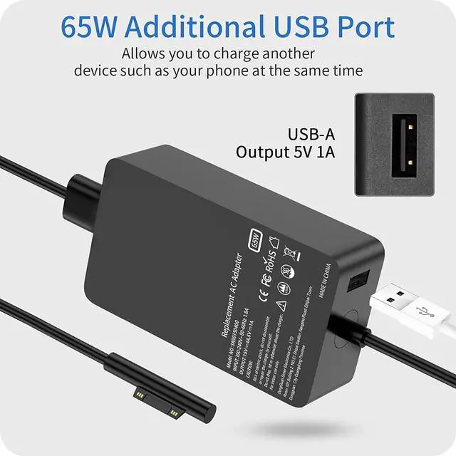 Alt view image 2 of 6 - 65W Surface Pro Charger Compatible with Surface Pro 9 8 3 7 6 5 4 X Microsoft Surface Charger Windows Surface Laptop Charger 1 2 3 4 with 5V 1A USB Charging Port LED 65W 44W 36W Power Supply Cord