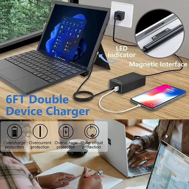 Alt view image 6 of 6 - 65W Surface Pro Charger Compatible with Surface Pro 9 8 3 7 6 5 4 X Microsoft Surface Charger Windows Surface Laptop Charger 1 2 3 4 with 5V 1A USB Charging Port LED 65W 44W 36W Power Supply Cord