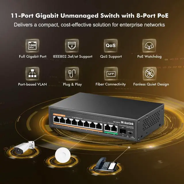 Alt view image 2 of 7 - 11 Port Gigabit PoE Switch with 8 PoE+ Port, 2 Gigabit Uplink, 1 SFP Port, 120W AI Detection, Qos, Fanless Metal Plug & Play Unmanaged Network Switch