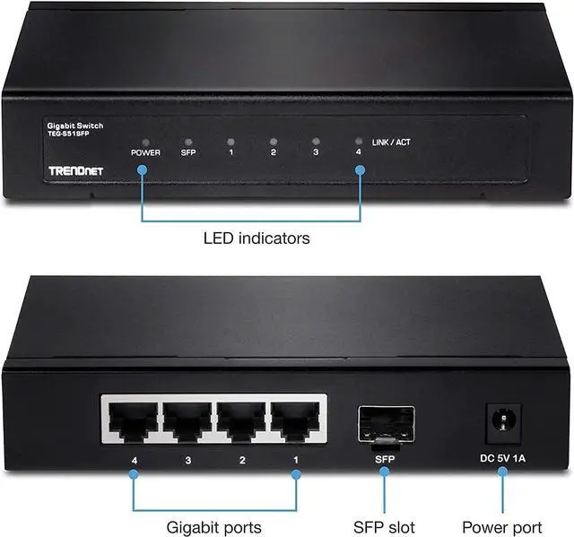 Alt view image 4 of 7 - TRENDnet 4-Port Gigabit Switch with SFP Slot, TEG-S51SFP, 10 Gbps Switching Capacity, Fanless, 802.1p QoS, Rear Facing Ports, Metal Housing, Network Ethernet Switch, Lifetime Protection, Black